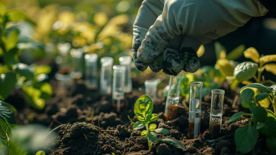 Blick auf Feldanbau, teil sind Pfänzchen, teil Reagengläser zu sehen, Hände in Laborhandschuhen bearbeiten den Boden
